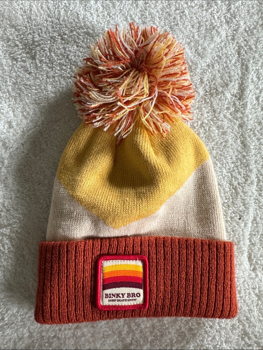 Binky Bro infant Colorblock Pom Pom Beanie - Yellow, Rust & Cream